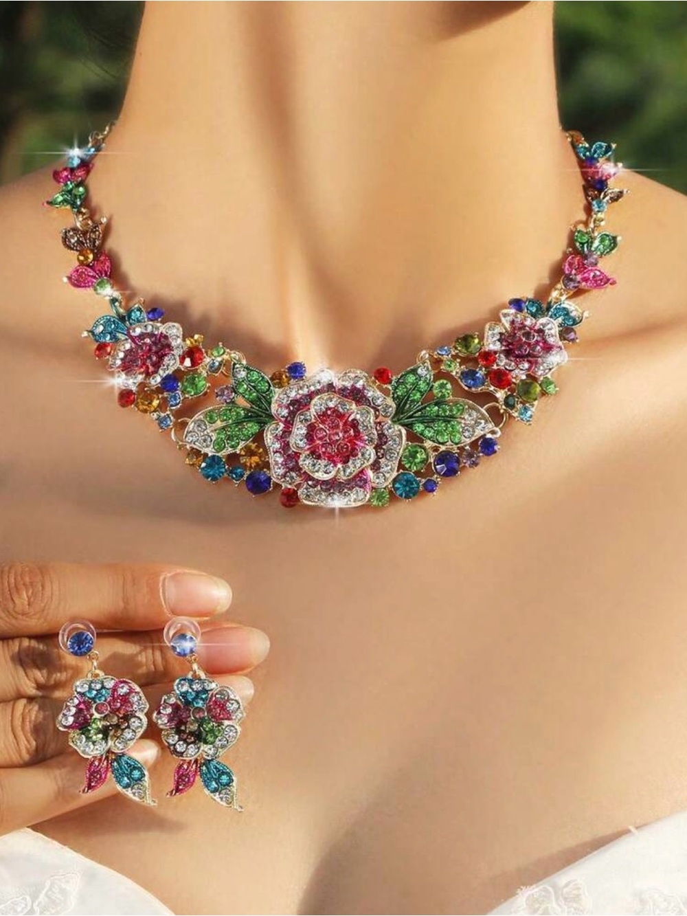 Multicolor Floral Crystal Statement Necklace and Earrings Set
